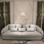Light Beige Leather Sofa Set with Dark Blue High-Gloss Accents & Stainless Steel Trim